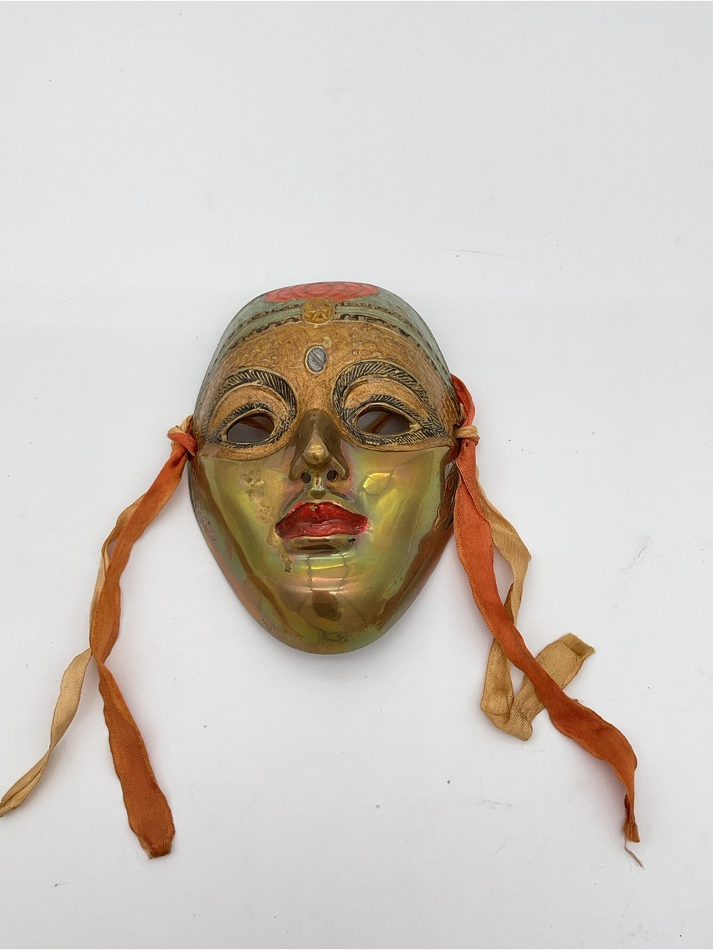Handpainted Decorative Brass Mask with Orange Ribbon